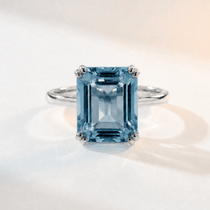 Ring with a large blue gemstone on a white background