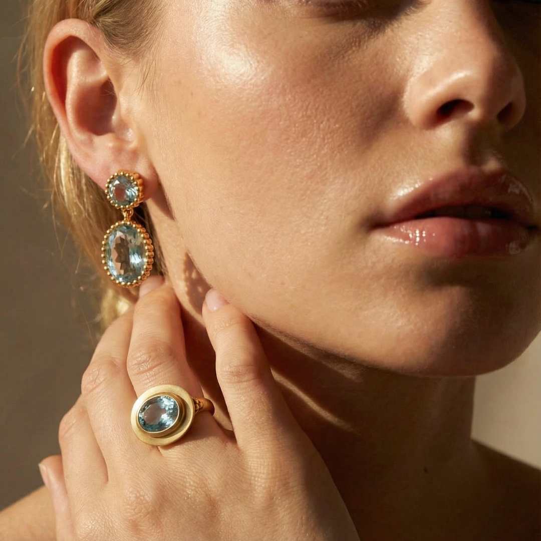 coastal jewellery, ocean-inspired earrings, sky blue topaz, statement hoops, mythology jewelry, women’s gift jewellry, gold vermeil earrings, boho style earrings, something blue bridal wedding day, beach jewelry, unique gift for her, celestial jewelry, summer accessories