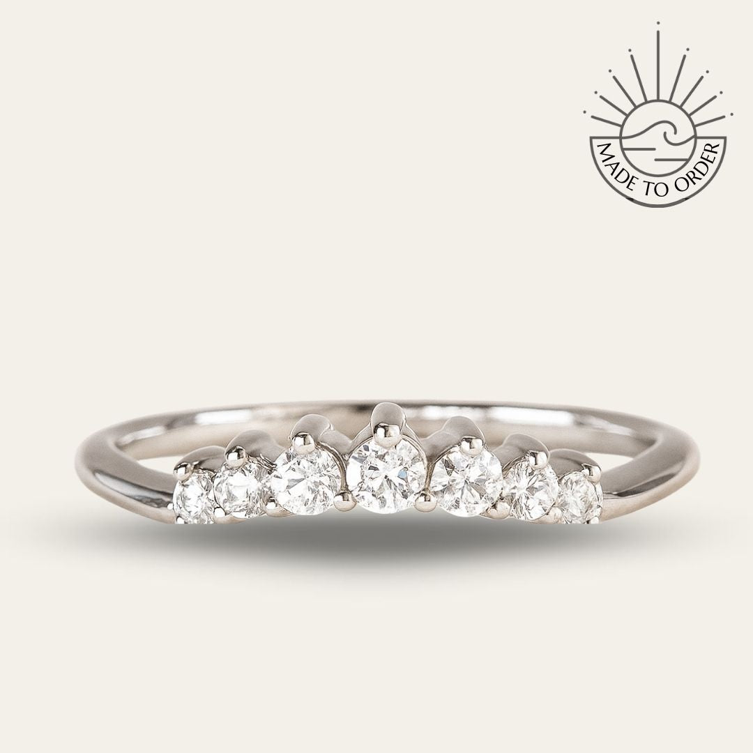 Half Halo Diamond Ring - The Doris Ring - Dainty London Dainty diamond ring in 9ct white gold or platinum. Ideal worn alone or stacked – perfect for subtle jewellery stacking with a natural, ocean-inspired touch.