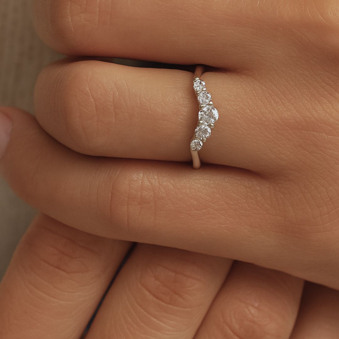 Half Halo Diamond Ring - The Doris Ring - Dainty London Dainty diamond ring in 9ct white gold or platinum. Ideal worn alone or stacked – perfect for subtle jewellery stacking with a natural, ocean-inspired touch.
