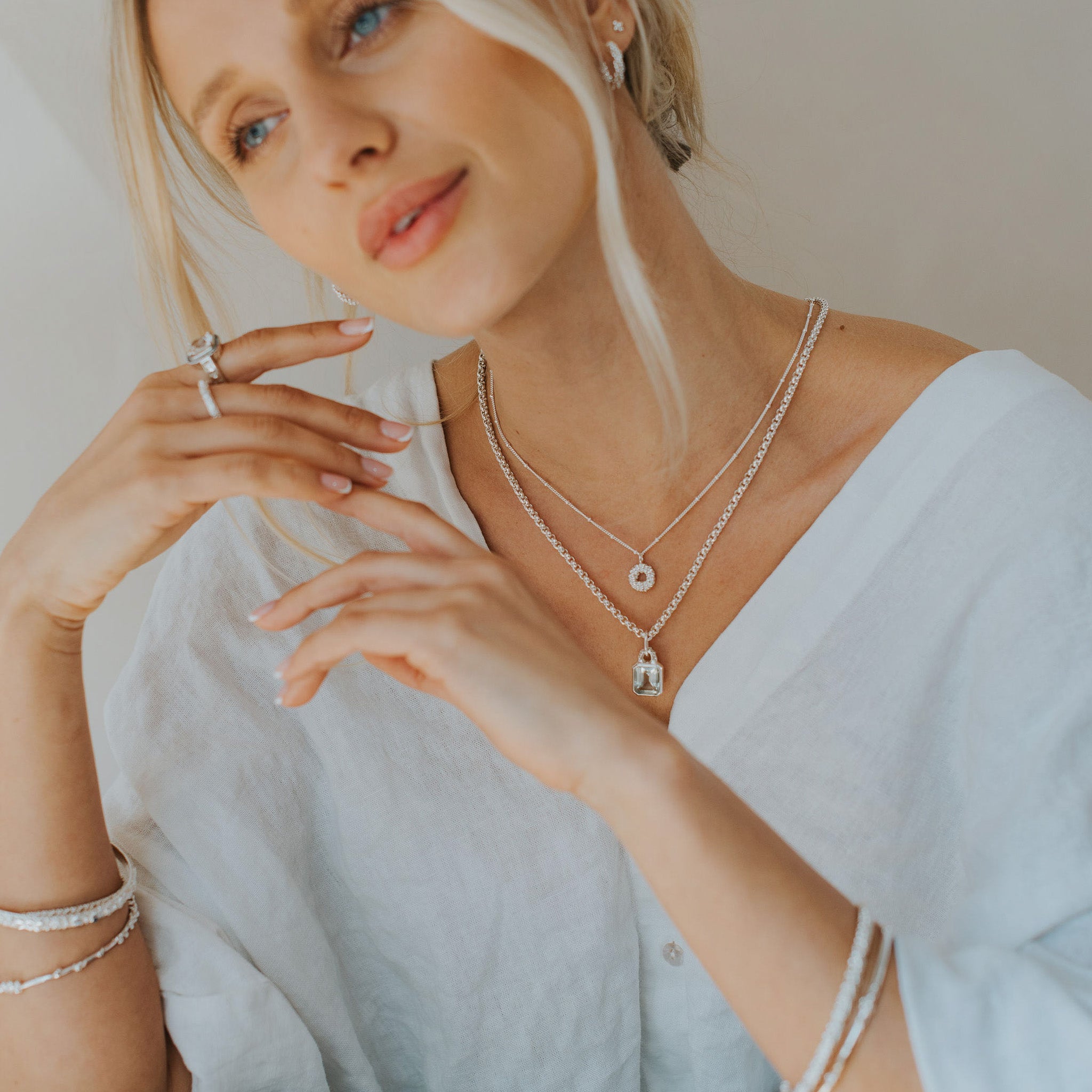 Maxi Silver Giselle Necklace - Large Green Quartz Gemstone - Sterling Silver Layered Necklaces - Dainty London