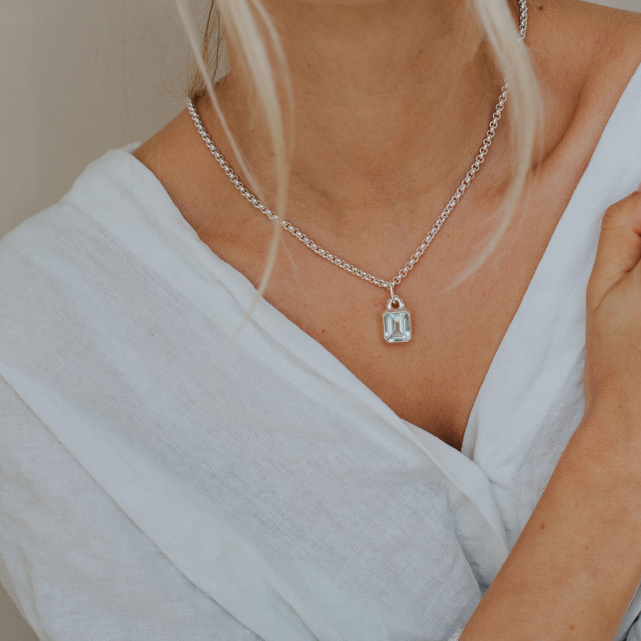 Maxi Silver Giselle Necklace - Large Green Quartz Gemstone - Sterling Silver Layered Necklaces - Dainty London