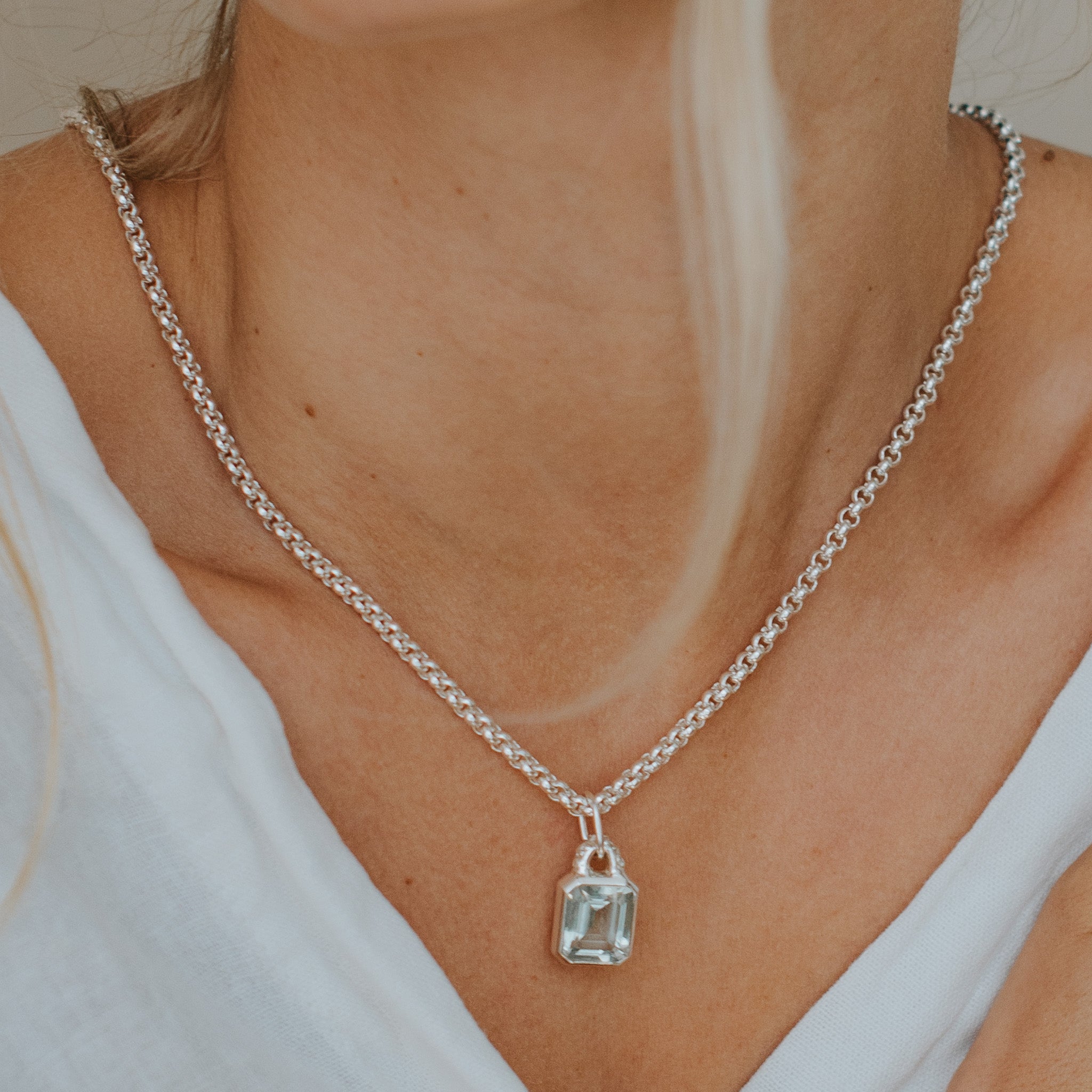 Maxi Silver Giselle Necklace - Large Green Quartz Gemstone - Sterling Silver Layered Necklaces - Dainty London