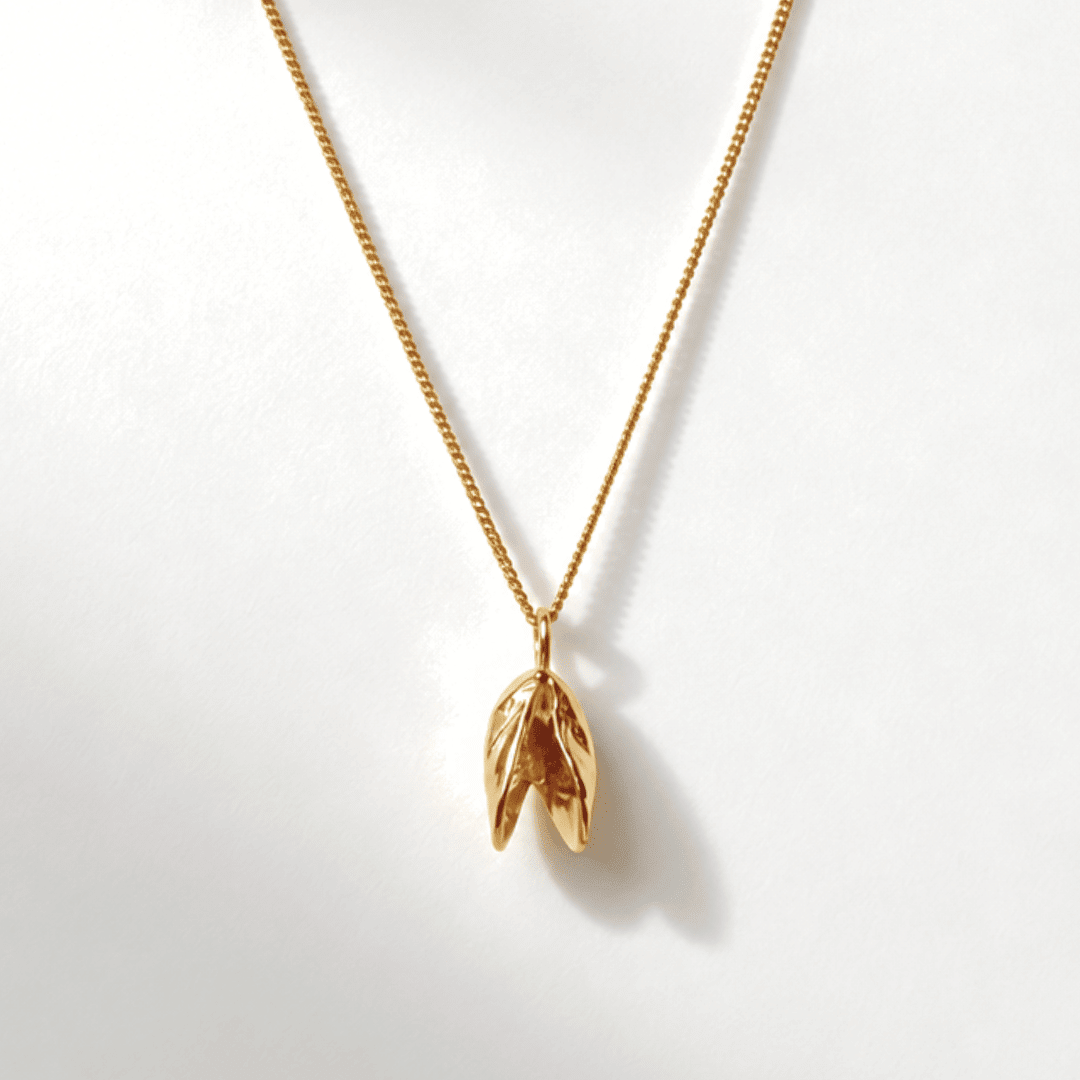 Solid 9ct yellow gold mussel seashell necklace with 1.5cm pendant on an 18 inch chain, handcrafted coastal fine jewellery by Dainty London