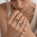 Ophelia emerald gemstone ring in sterling silver and 18ct gold vermeil with barnacle granulation detail and 5mm hydrothermal emerald bezel setting, Dainty London


