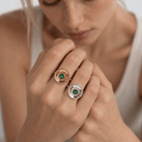 Ophelia emerald gemstone ring in sterling silver and 18ct gold vermeil with barnacle granulation detail and 5mm hydrothermal emerald bezel setting, Dainty London

