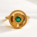 Ophelia emerald gemstone ring in sterling silver and 18ct gold vermeil with barnacle granulation detail and 5mm hydrothermal emerald bezel setting, Dainty London

