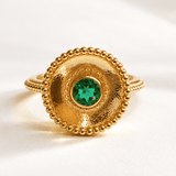 Ophelia emerald gemstone ring in sterling silver and 18ct gold vermeil with barnacle granulation detail and 5mm hydrothermal emerald bezel setting, Dainty London

