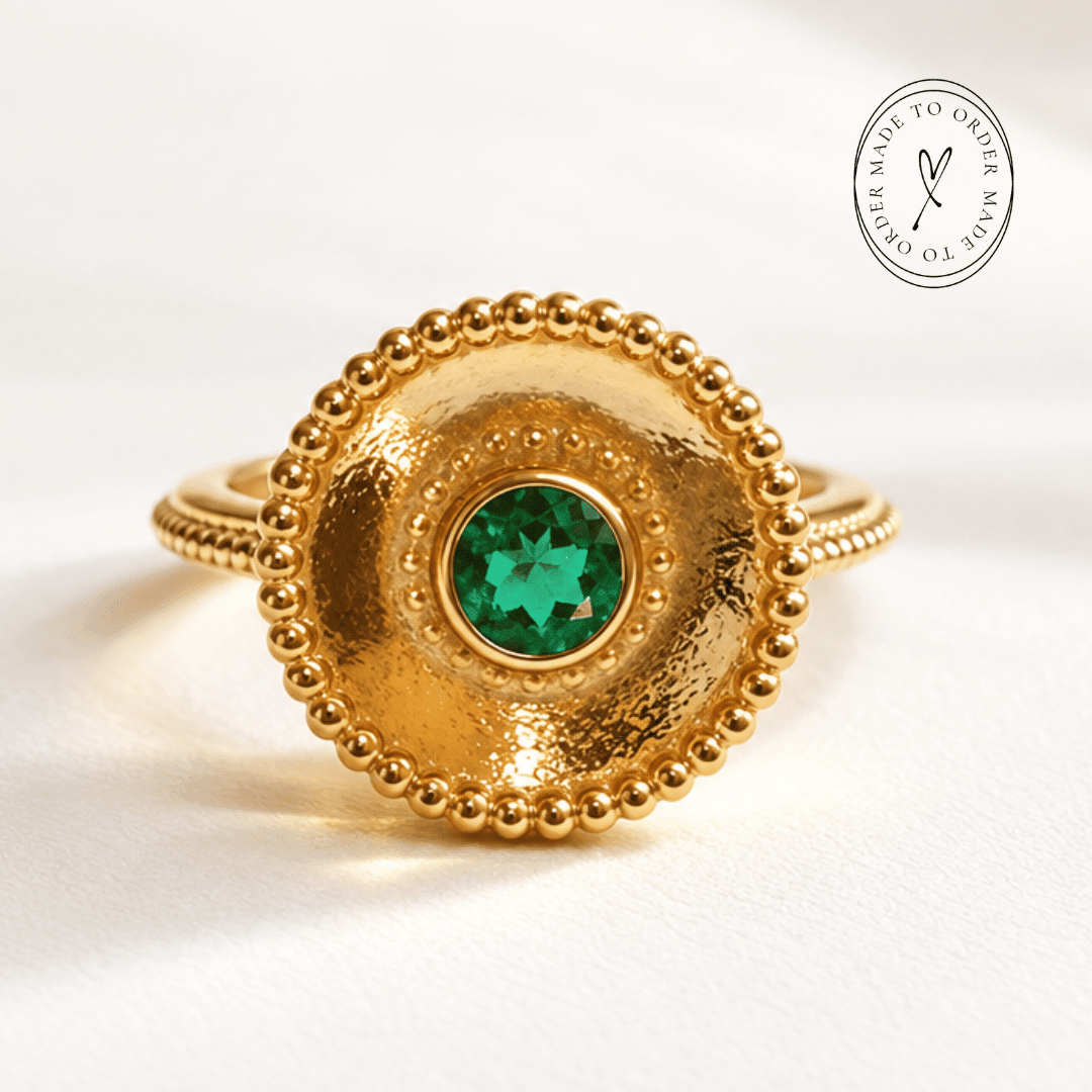 Ophelia emerald gemstone ring in sterling silver and 18ct gold vermeil with barnacle granulation detail and 5mm hydrothermal emerald bezel setting, Dainty London

