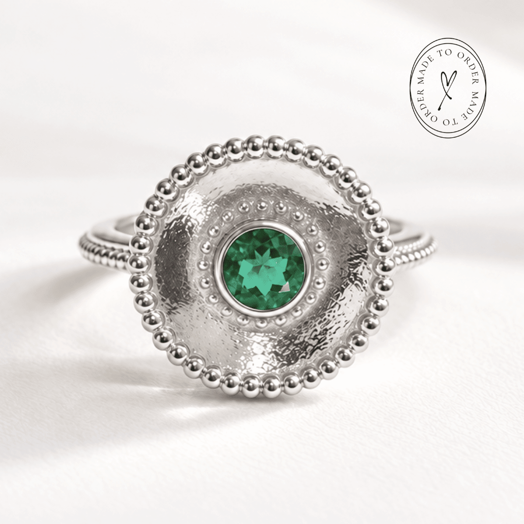 Ophelia emerald gemstone ring in sterling silver and 18ct gold vermeil with barnacle granulation detail and 5mm hydrothermal emerald bezel setting, Dainty London

