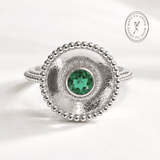 Ophelia emerald gemstone ring in sterling silver and 18ct gold vermeil with barnacle granulation detail and 5mm hydrothermal emerald bezel setting, Dainty London

