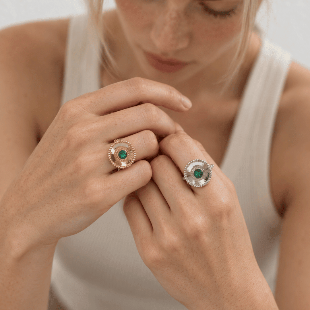Ophelia emerald gemstone ring in sterling silver and 18ct gold vermeil with barnacle granulation detail and 5mm hydrothermal emerald bezel setting, Dainty London

