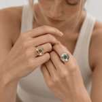 Ophelia emerald gemstone ring in sterling silver and 18ct gold vermeil with barnacle granulation detail and 5mm hydrothermal emerald bezel setting, Dainty London

