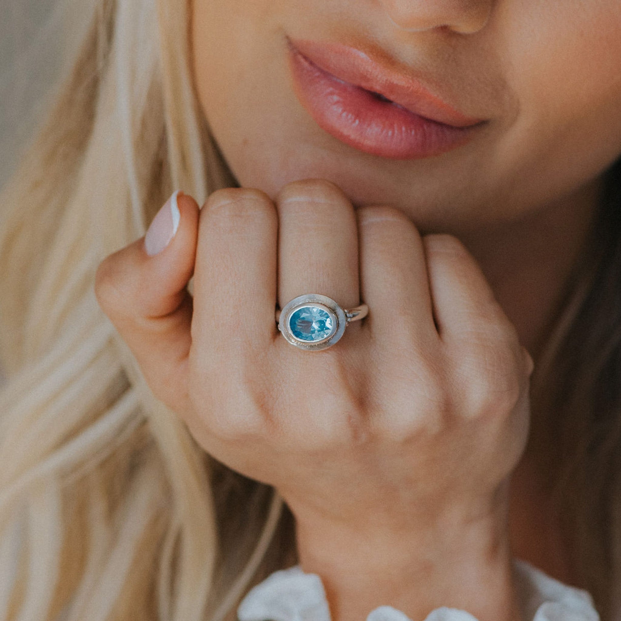 Oval - cut Sky Blue Topaz gemstone Ring - Avery - Dainty London