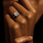 white gold engagement ring, emerald cut diamond ring, halo engagement ring, handmade wedding ring, ethical diamond ring, modern bridal jewelry, geometric engagement ring, handcrafted England ring, sustainable wedding band, anniversary gift, luxury engagement ring, contemporary bridal ring, elegant diamond ring