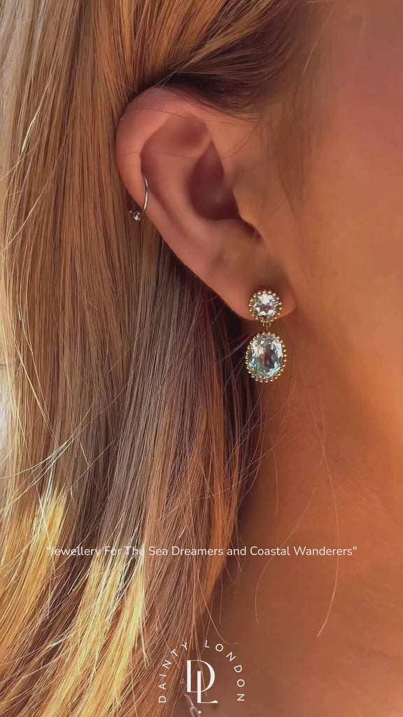 coastal jewellery, ocean-inspired earrings, sky blue topaz, statement hoops, mythology jewelry, women’s gift jewellry, gold vermeil earrings, boho style earrings, something blue bridal wedding day, beach jewelry, unique gift for her, celestial jewelry, summer accessories