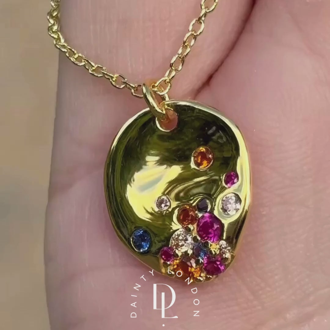 Dainty Gold Cluster Gemstone Necklace with Rainbow Gemstones - Dainty London gold gemstone necklace, rainbow gemstone jewelry, dainty gold necklace, adjustable chain necklace, gold pendant, gift for her, everyday jewelry, minimalist gemstone necklace, stacking necklace, colourful gemstone jewellery, handmade jewellry gift, delicate silver chain, gold