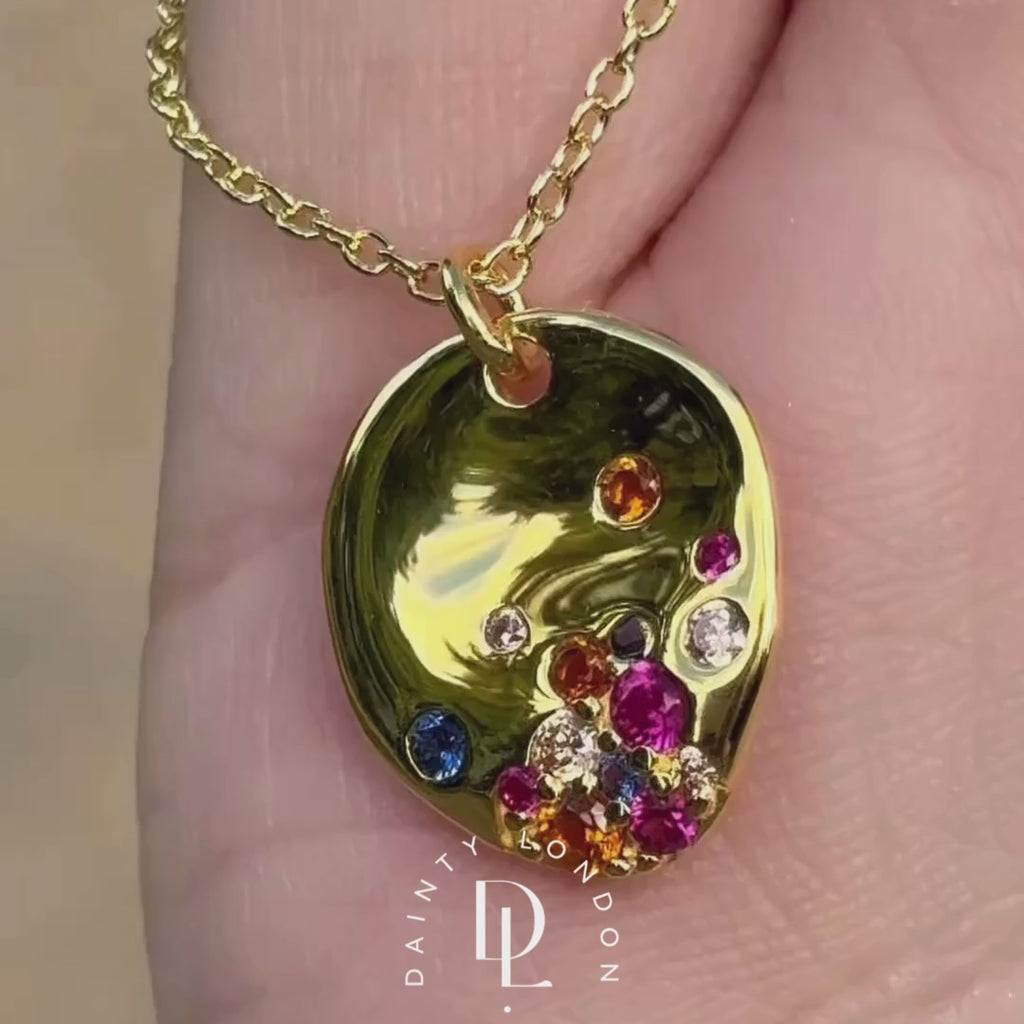 Dainty Gold Cluster Gemstone Necklace with Rainbow Gemstones - Dainty London gold gemstone necklace, rainbow gemstone jewelry, dainty gold necklace, adjustable chain necklace, gold pendant, gift for her, everyday jewelry, minimalist gemstone necklace, stacking necklace, colourful gemstone jewellery, handmade jewellry gift, delicate silver chain, gold