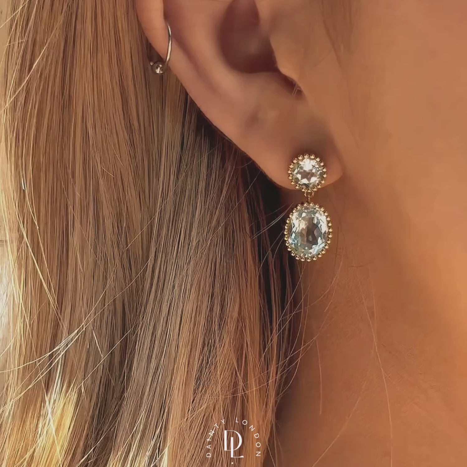 coastal jewellery, ocean-inspired earrings, sky blue topaz, statement hoops, mythology jewelry, women’s gift jewellry, gold vermeil earrings, boho style earrings, something blue bridal wedding day, beach jewelry, unique gift for her, celestial jewelry, summer accessories