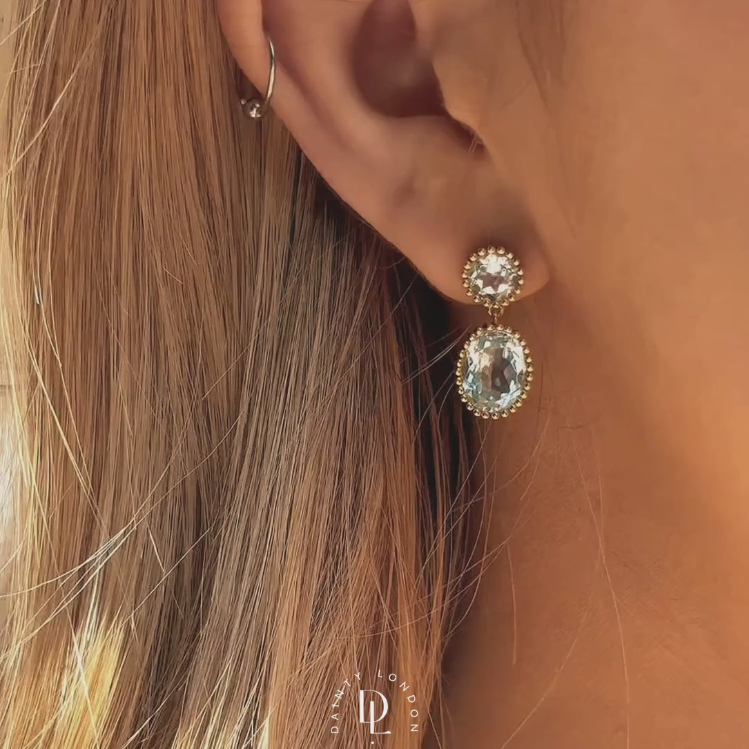 coastal jewellery, ocean-inspired earrings, sky blue topaz, statement hoops, mythology jewelry, women’s gift jewellry, gold vermeil earrings, boho style earrings, something blue bridal wedding day, beach jewelry, unique gift for her, celestial jewelry, summer accessories