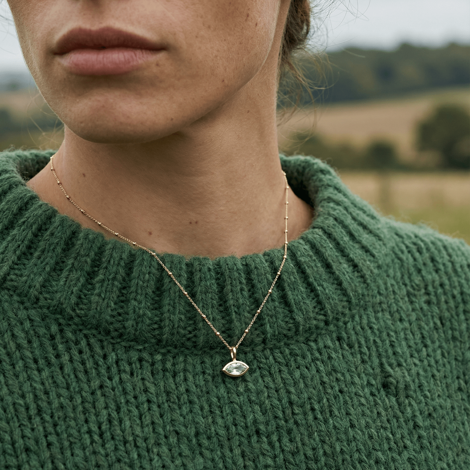 sea-inspired jewellery, green quartz necklace, dainty gemstone pendant, layering necklace, ocean blue jewelry, beach lovers gift, sterling silver necklace, gold vermeil jewelry, dainty everyday necklace, seashell jewelry gift, minimalist gemstone necklace, coastal jewelry gift, ocean-inspired pendant