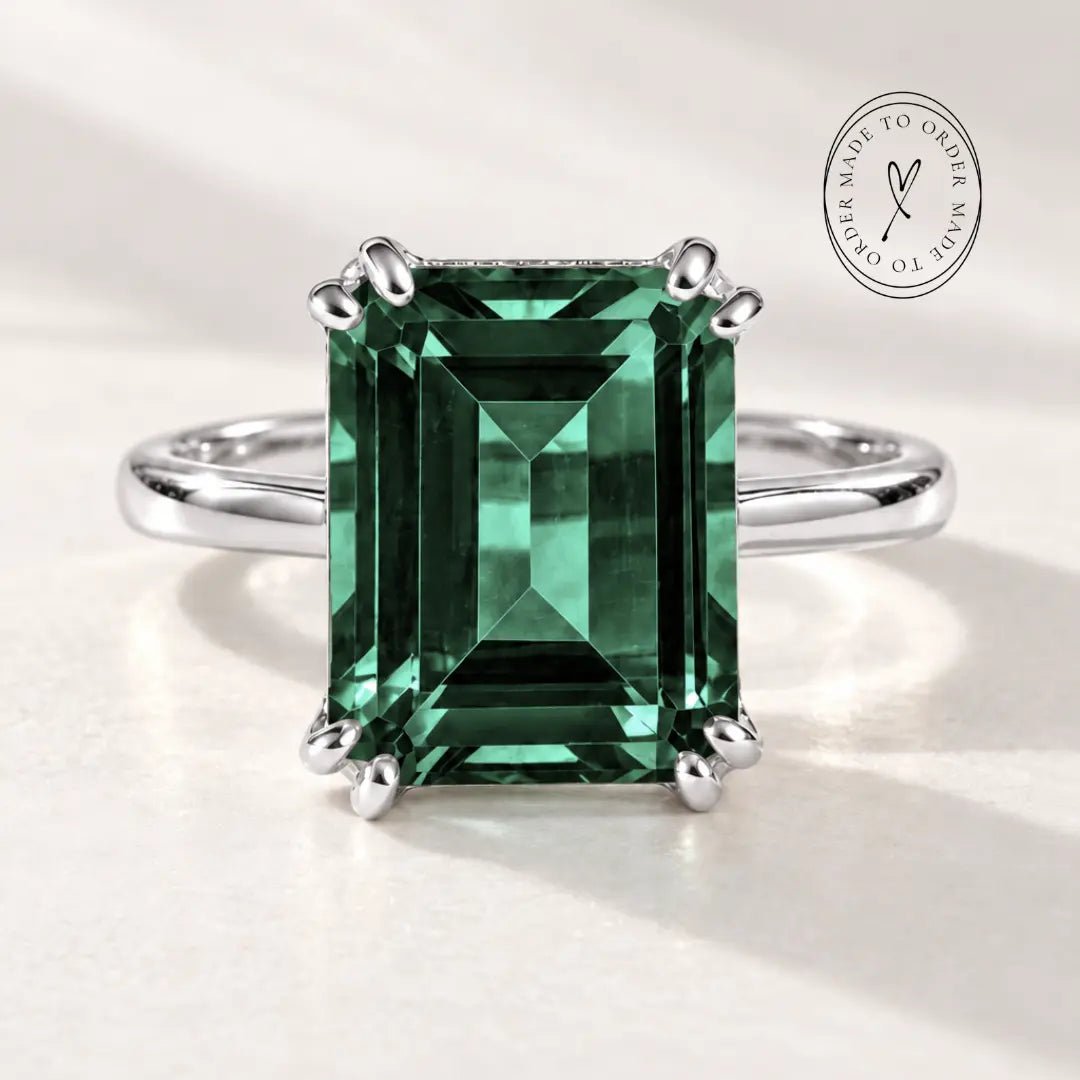 Elara green emerald ring in solid 9ct gold with an 11x9mm octagonal Hydrothermal Emerald gemstone, handcrafted by Dainty London