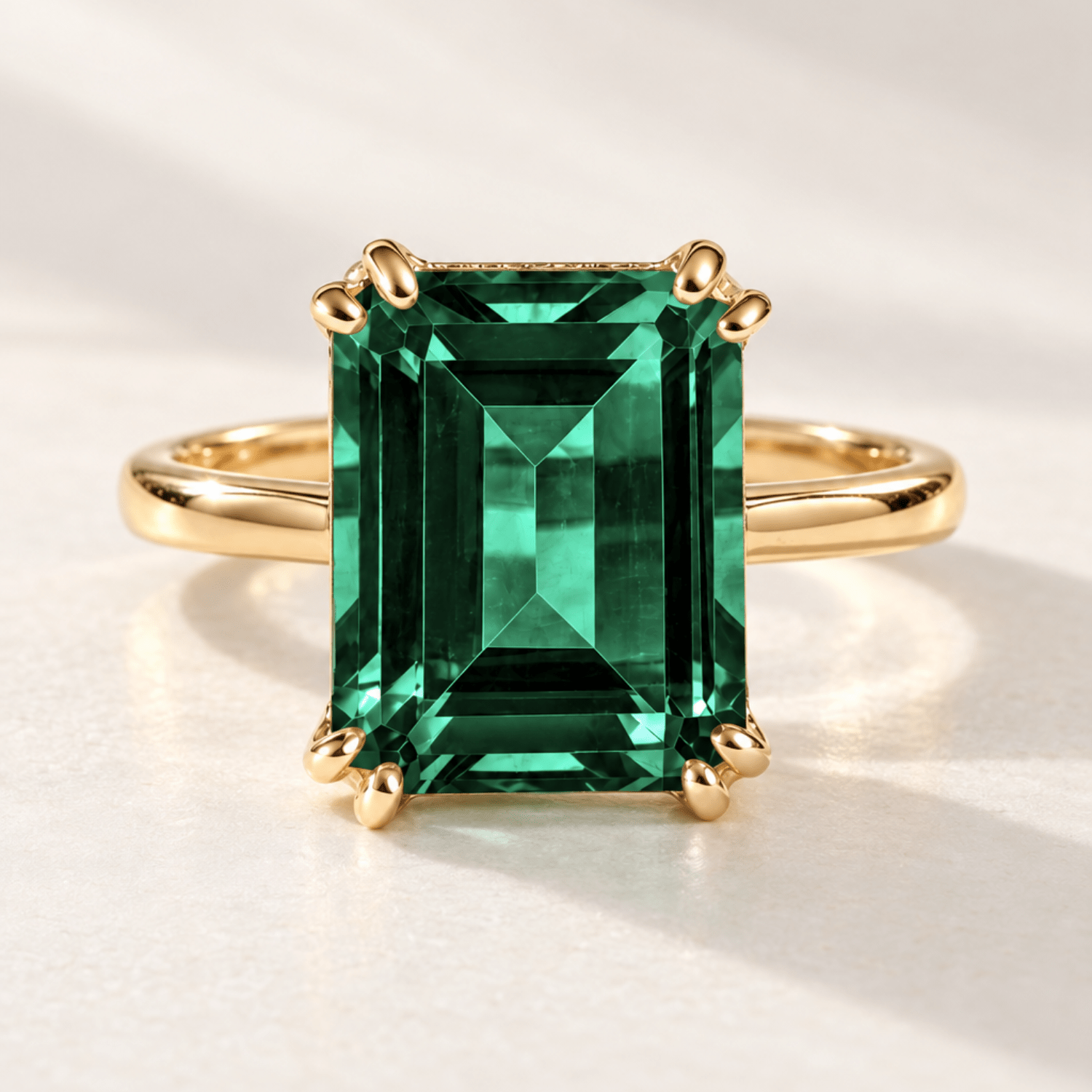 Elara green emerald ring in solid 9ct gold with an 11x9mm octagonal Hydrothermal Emerald gemstone, handcrafted by Dainty London