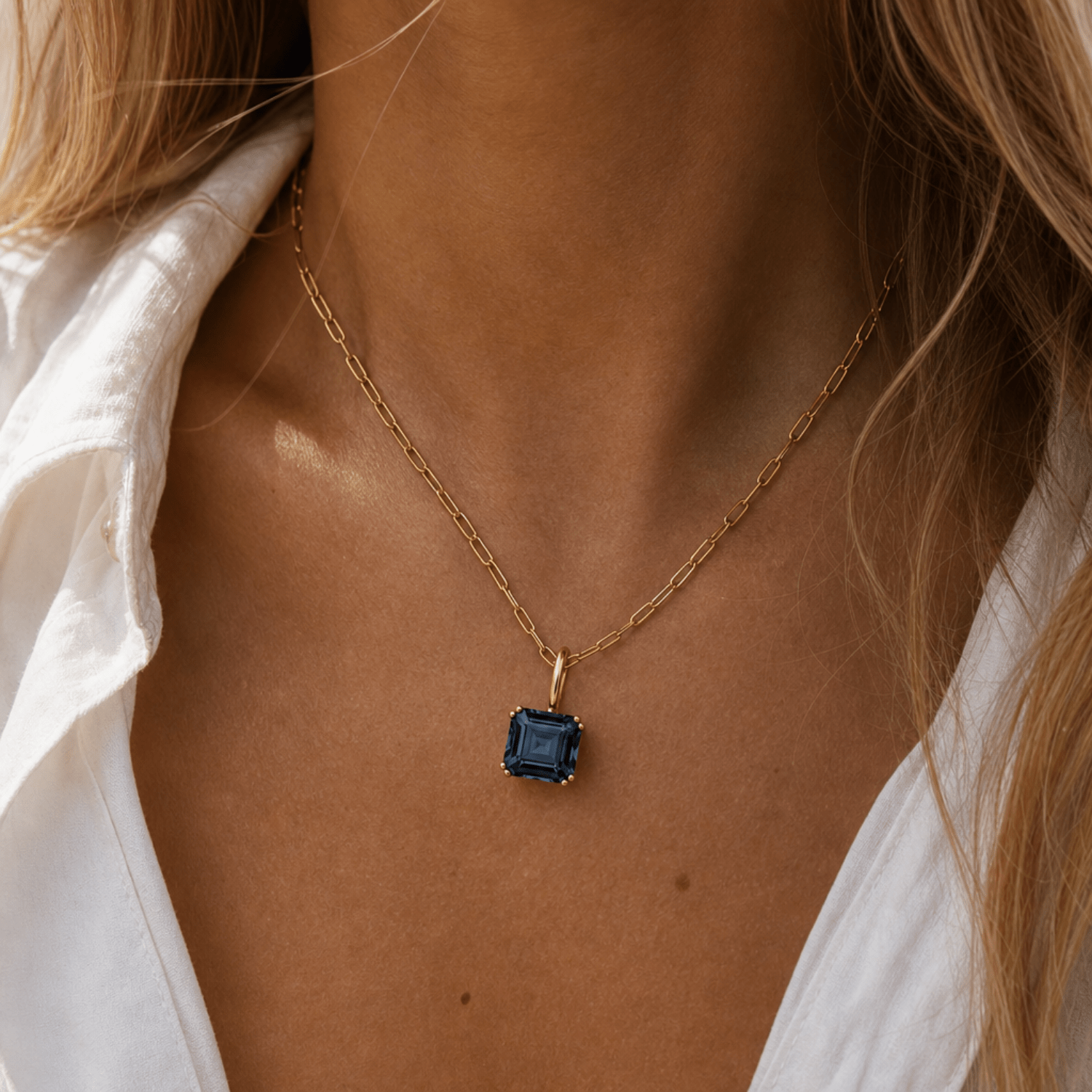 Solid Gold Large London Blue Topaz Necklace - Cleodora - Dainty London