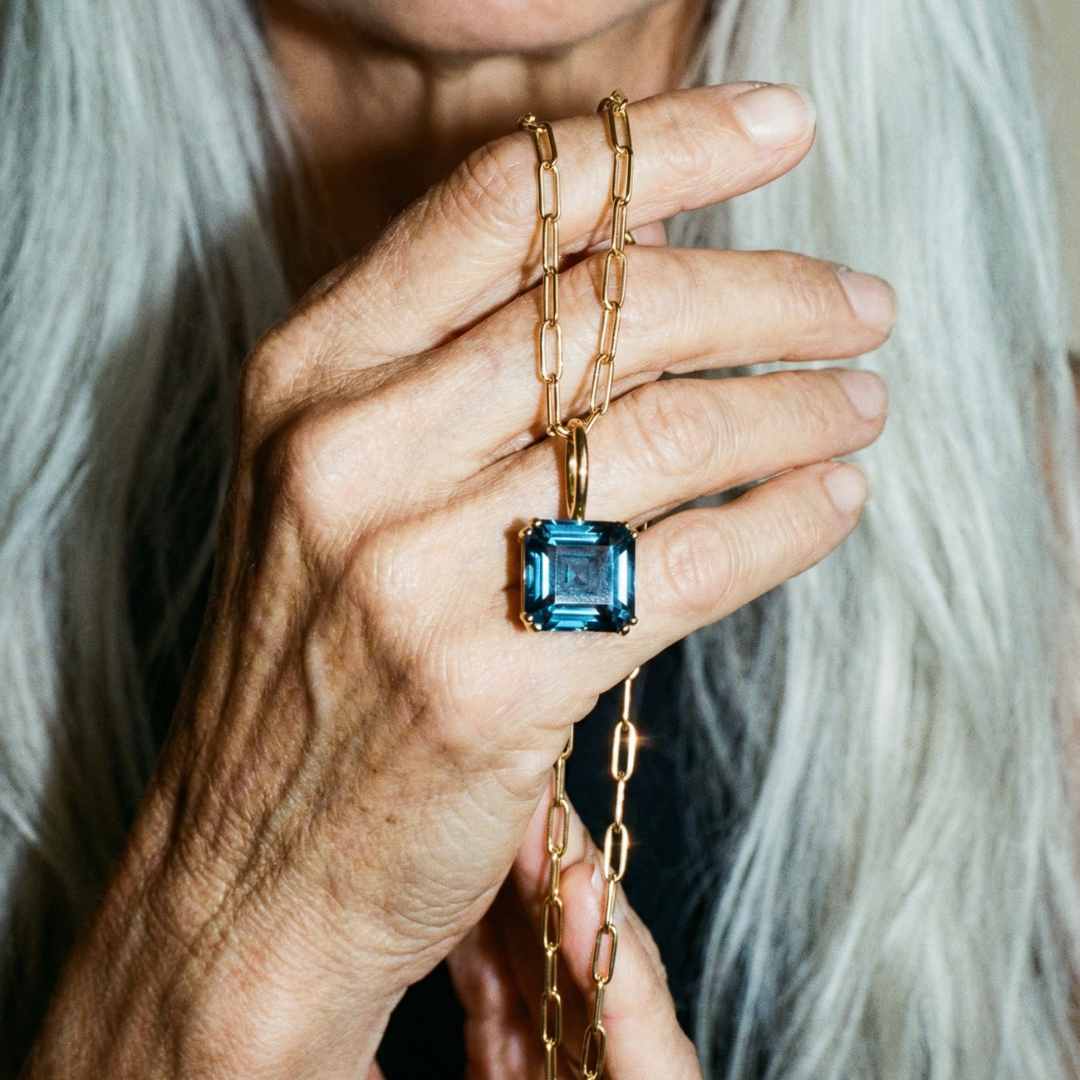Solid Gold Large London Blue Topaz Necklace - Cleodora - Dainty London