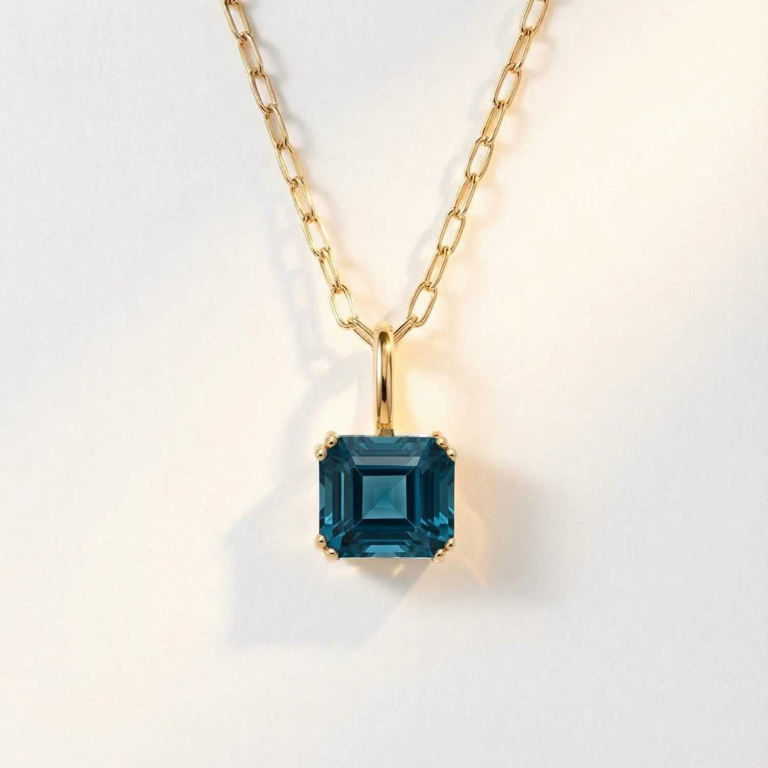 Solid Gold Large London Blue Topaz Necklace - Cleodora - Dainty London