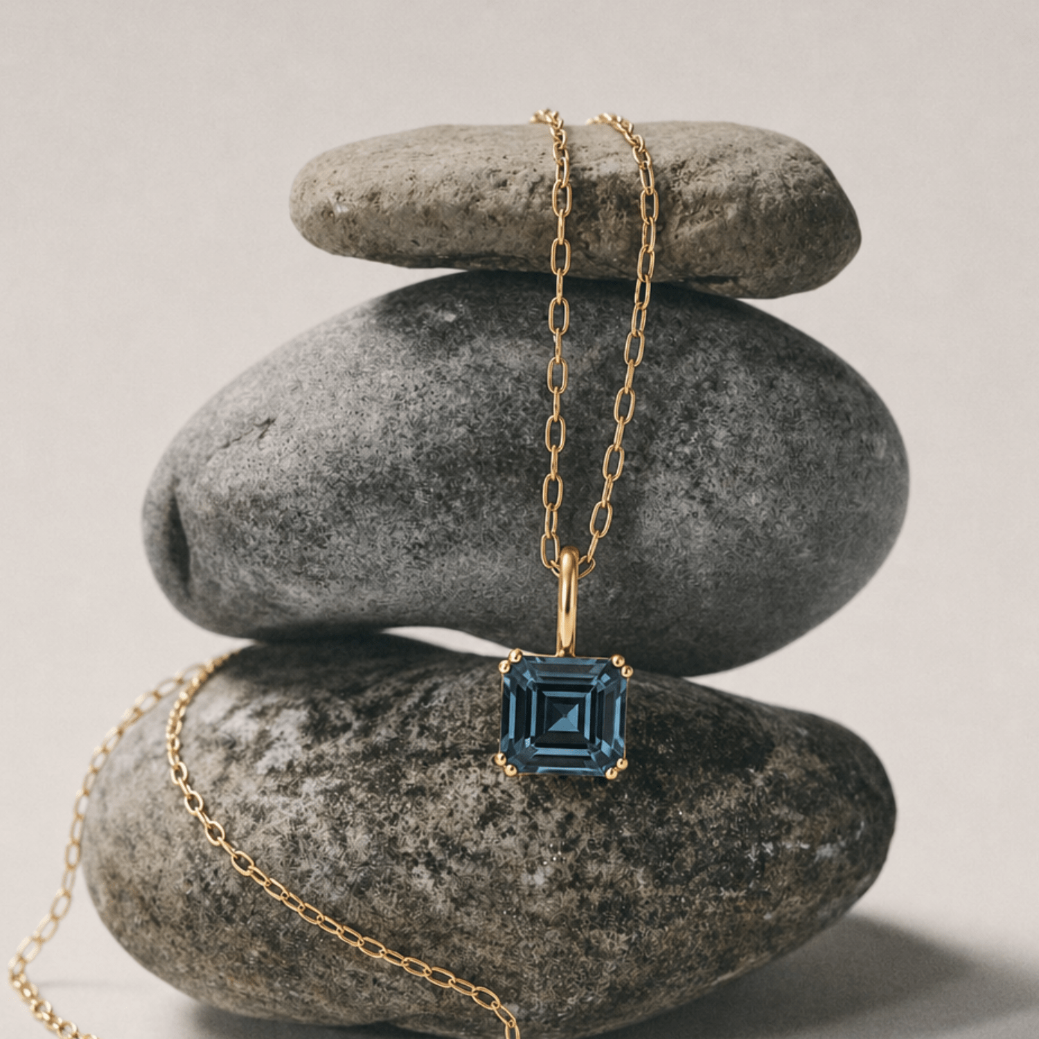 Solid Gold Large London Blue Topaz Necklace - Cleodora - Dainty London