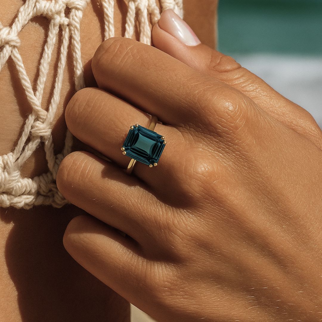 Solid Gold London Blue Topaz Ring - Cleodora - Dainty London