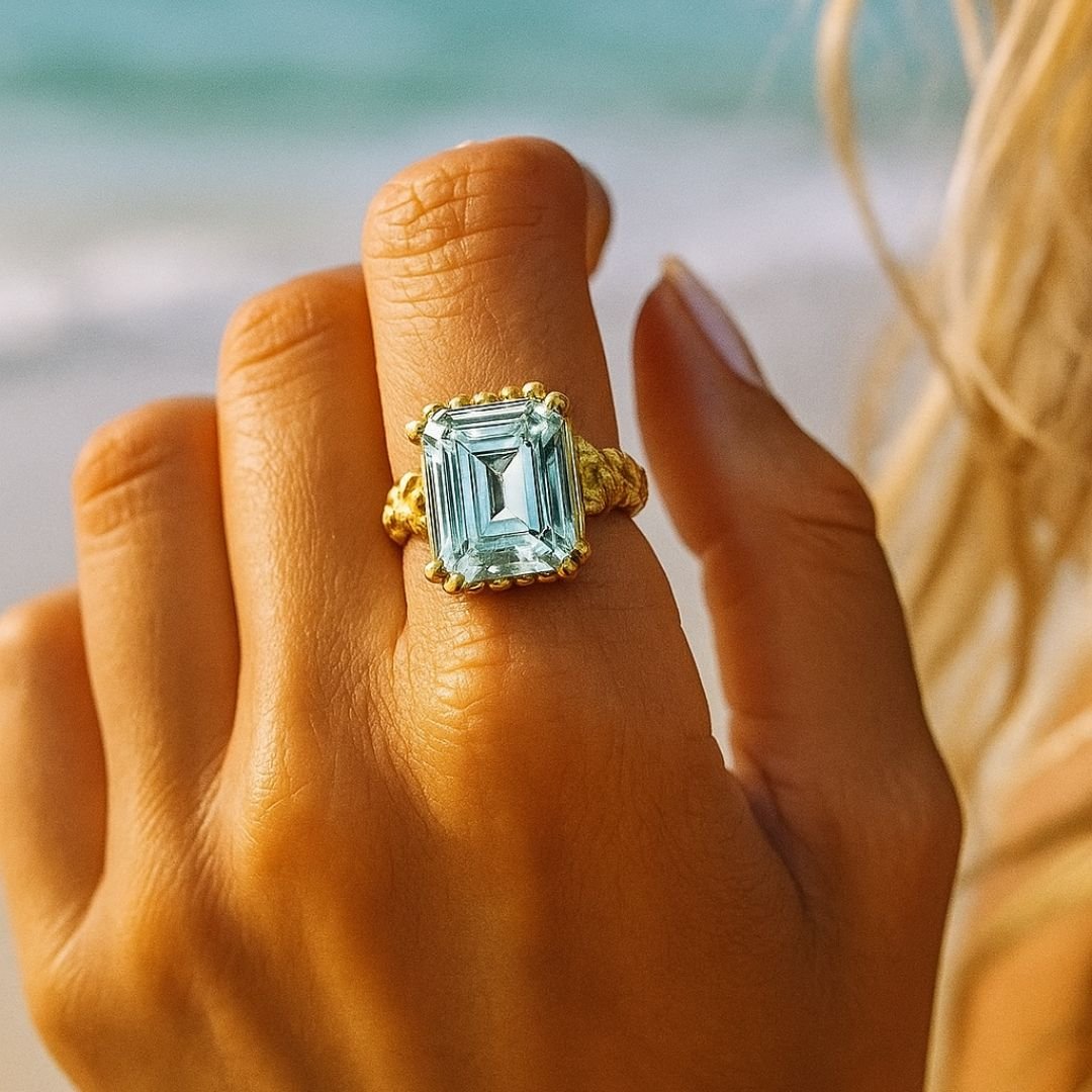 Solid Gold Ocean Blue Beryl Gemstone Ring - Seraphina - Dainty London