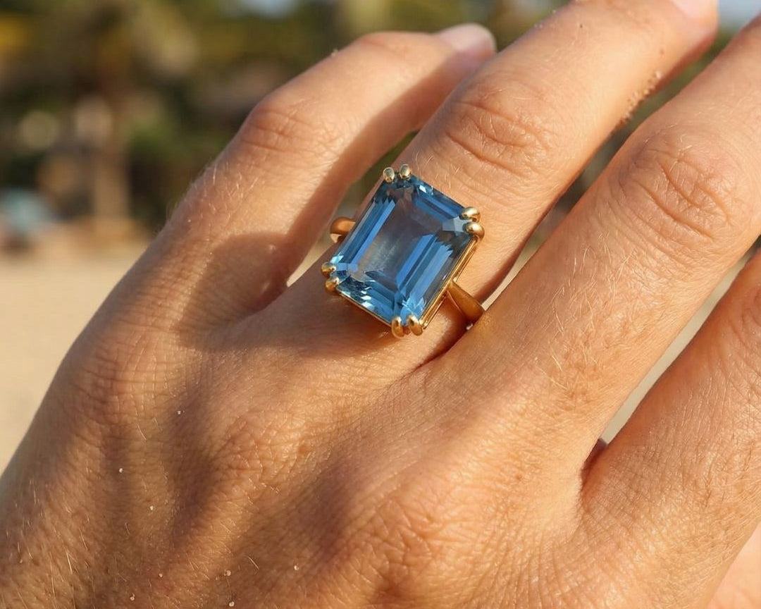 Solid Gold Ocean Blue Topaz Ring - Bali - Dainty London