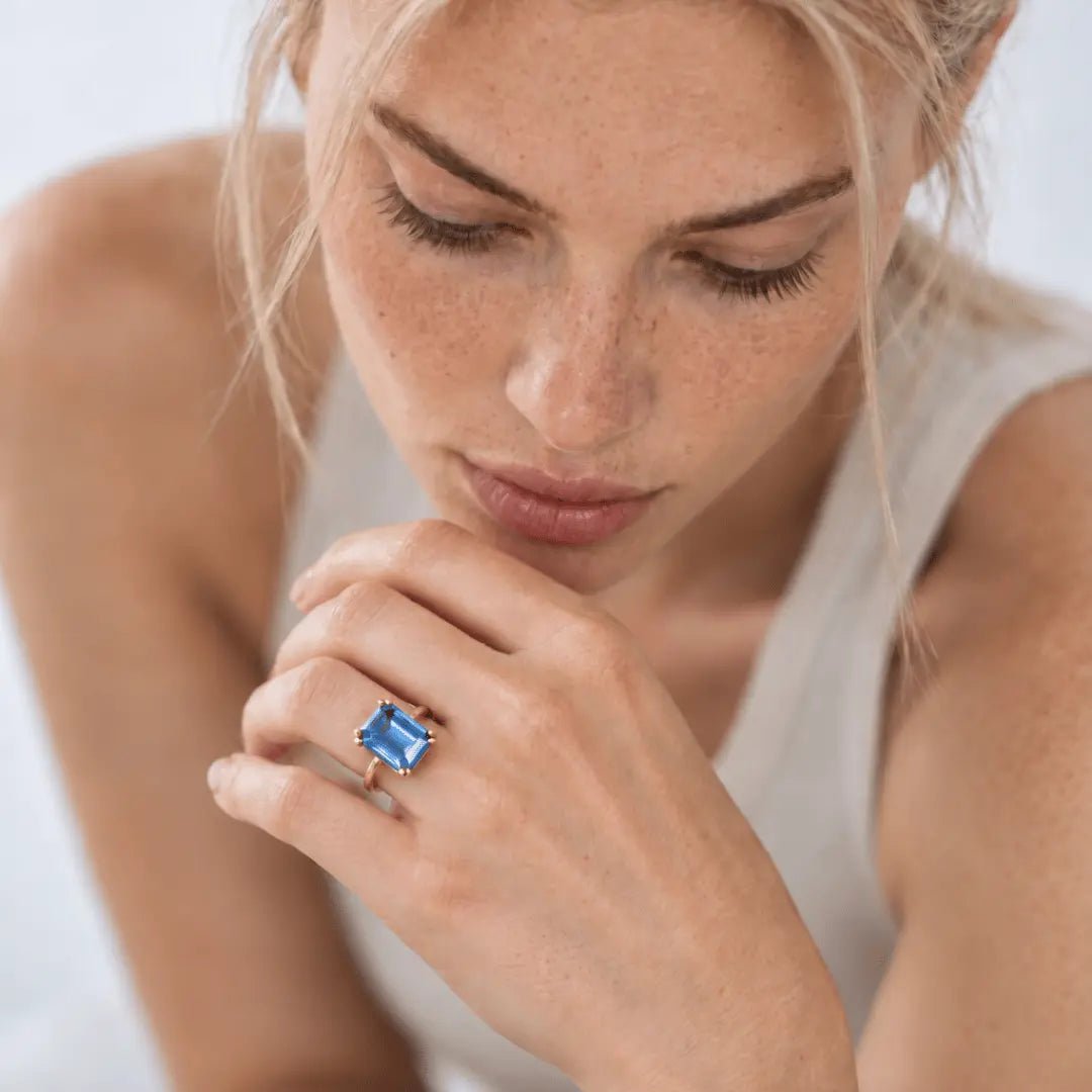 Solid Gold Ocean Blue Topaz Ring - Bali - Dainty London