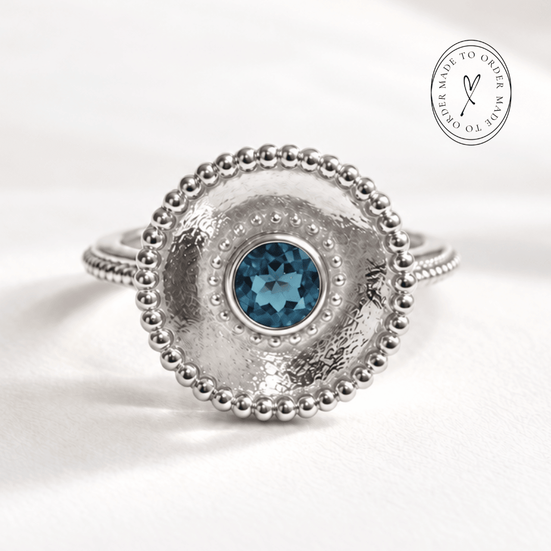 Sora London Blue Topaz ring in sterling silver and 18ct gold vermeil with barnacle granulation detail and 5mm blue topaz bezel setting, Dainty London

