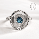 Sora London Blue Topaz ring in sterling silver and 18ct gold vermeil with barnacle granulation detail and 5mm blue topaz bezel setting, Dainty London

