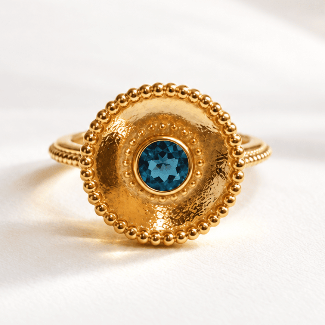 Sora London Blue Topaz ring in sterling silver and 18ct gold vermeil with barnacle granulation detail and 5mm blue topaz bezel setting, Dainty London

