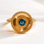 Sora London Blue Topaz ring in sterling silver and 18ct gold vermeil with barnacle granulation detail and 5mm blue topaz bezel setting, Dainty London

