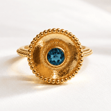 Sora London Blue Topaz ring in sterling silver and 18ct gold vermeil with barnacle granulation detail and 5mm blue topaz bezel setting, Dainty London

