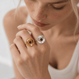Sora London Blue Topaz ring in sterling silver and 18ct gold vermeil with barnacle granulation detail and 5mm blue topaz bezel setting, Dainty London


