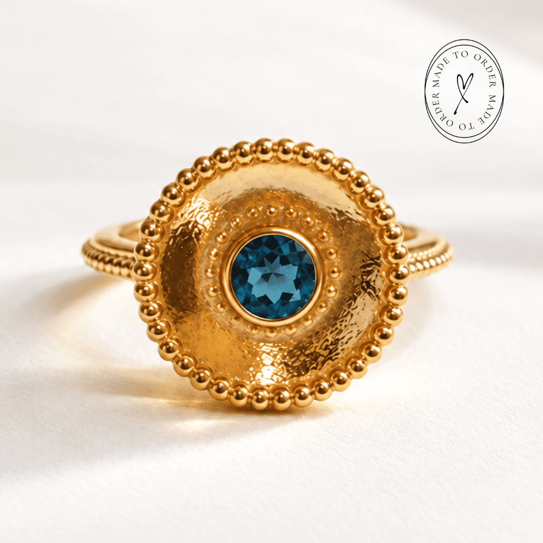 Sora London Blue Topaz ring in sterling silver and 18ct gold vermeil with barnacle granulation detail and 5mm blue topaz bezel setting, Dainty London

