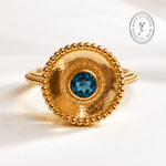 Sora London Blue Topaz ring in sterling silver and 18ct gold vermeil with barnacle granulation detail and 5mm blue topaz bezel setting, Dainty London

