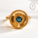 Sora London Blue Topaz ring in sterling silver and 18ct gold vermeil with barnacle granulation detail and 5mm blue topaz bezel setting, Dainty London

