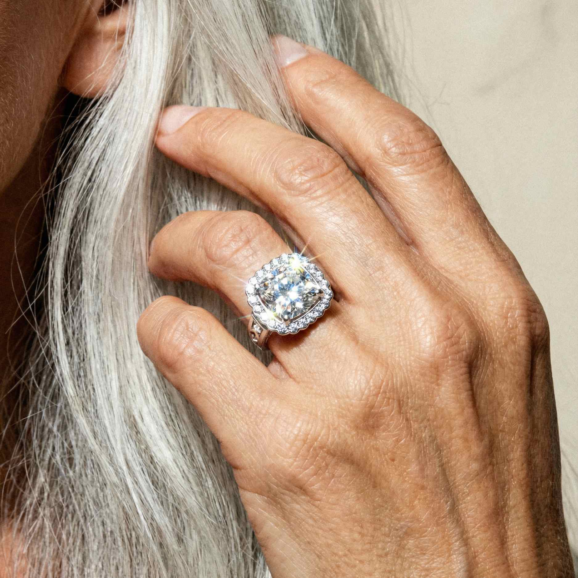 Statement Platinum or 18ct Gold Cushion Diamond Ring - The Lumière Cushion Halo Ring - Dainty London