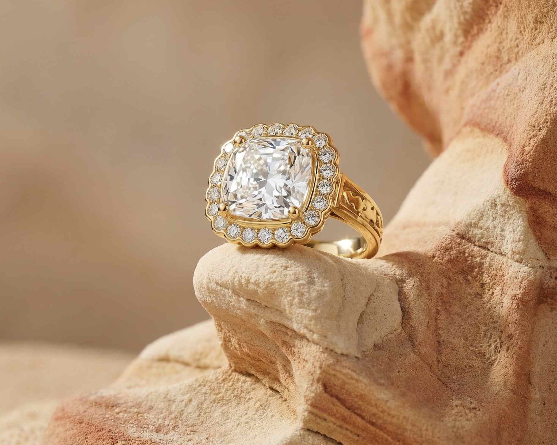 Statement Platinum or 18ct Gold Cushion Diamond Ring - The Lumière Cushion Halo Ring - Dainty London