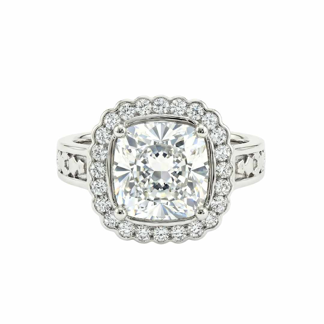 Statement Platinum or 18ct Gold Cushion Diamond Ring - The Lumière Cushion Halo Ring - Dainty London