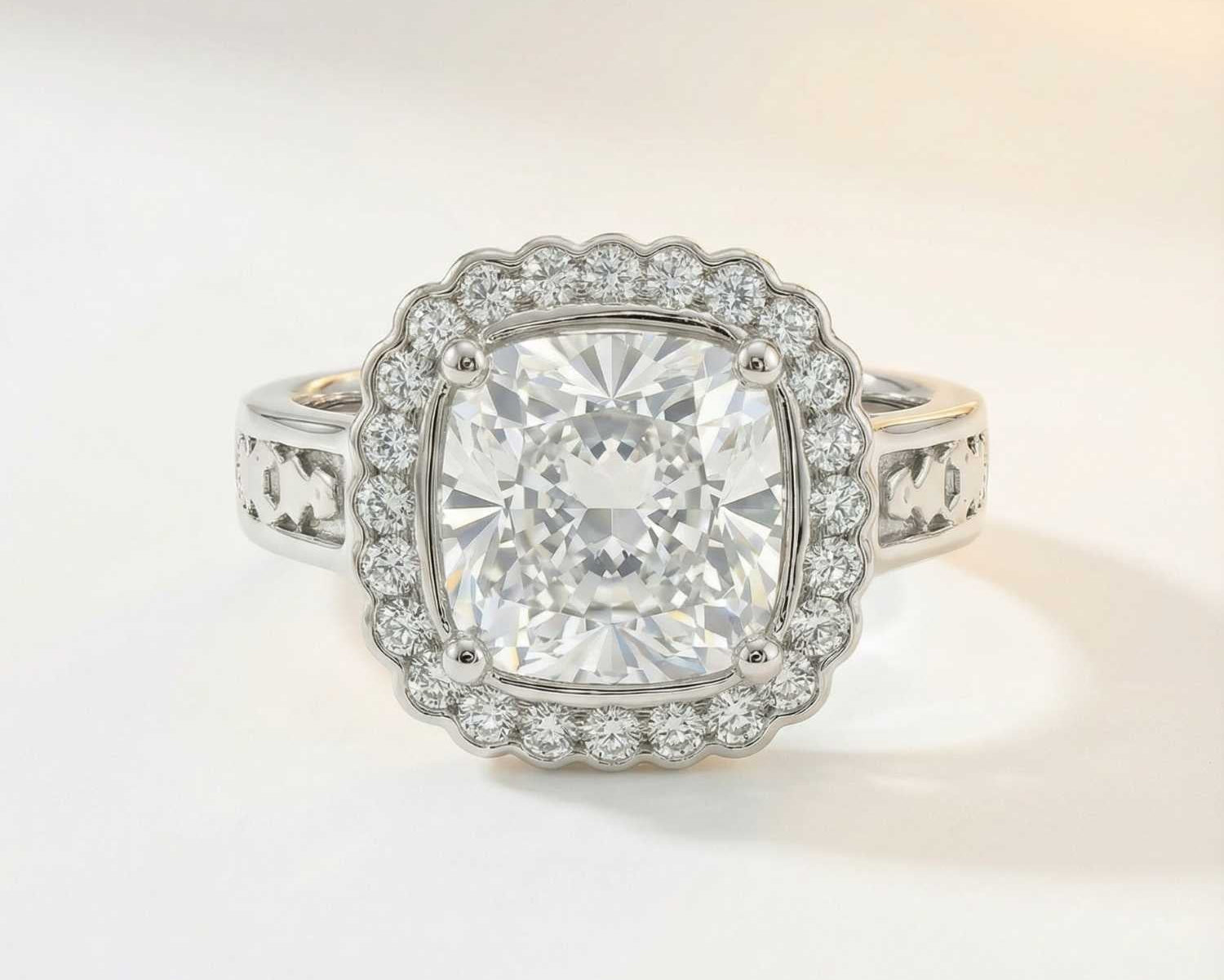 Statement PlatinumGold Diamond Ring - The Lumière Halo Ring - Dainty London