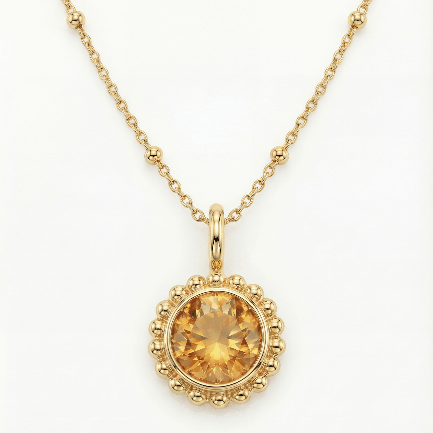 Sunburst necklace with a warm sunset-orange citrine and barnacle-textured bezel detail. Dainty ocean-inspired jewellery with coastal charm. Birthday Gifts