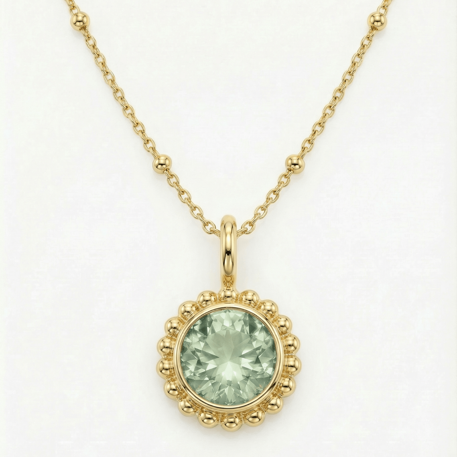 Sunburst necklace with a green quartz, barnacle-textured bezel detail. Ocean-inspired statement jewellery with coastal charm. Alex Monroe Style Birthday Gifts For Her